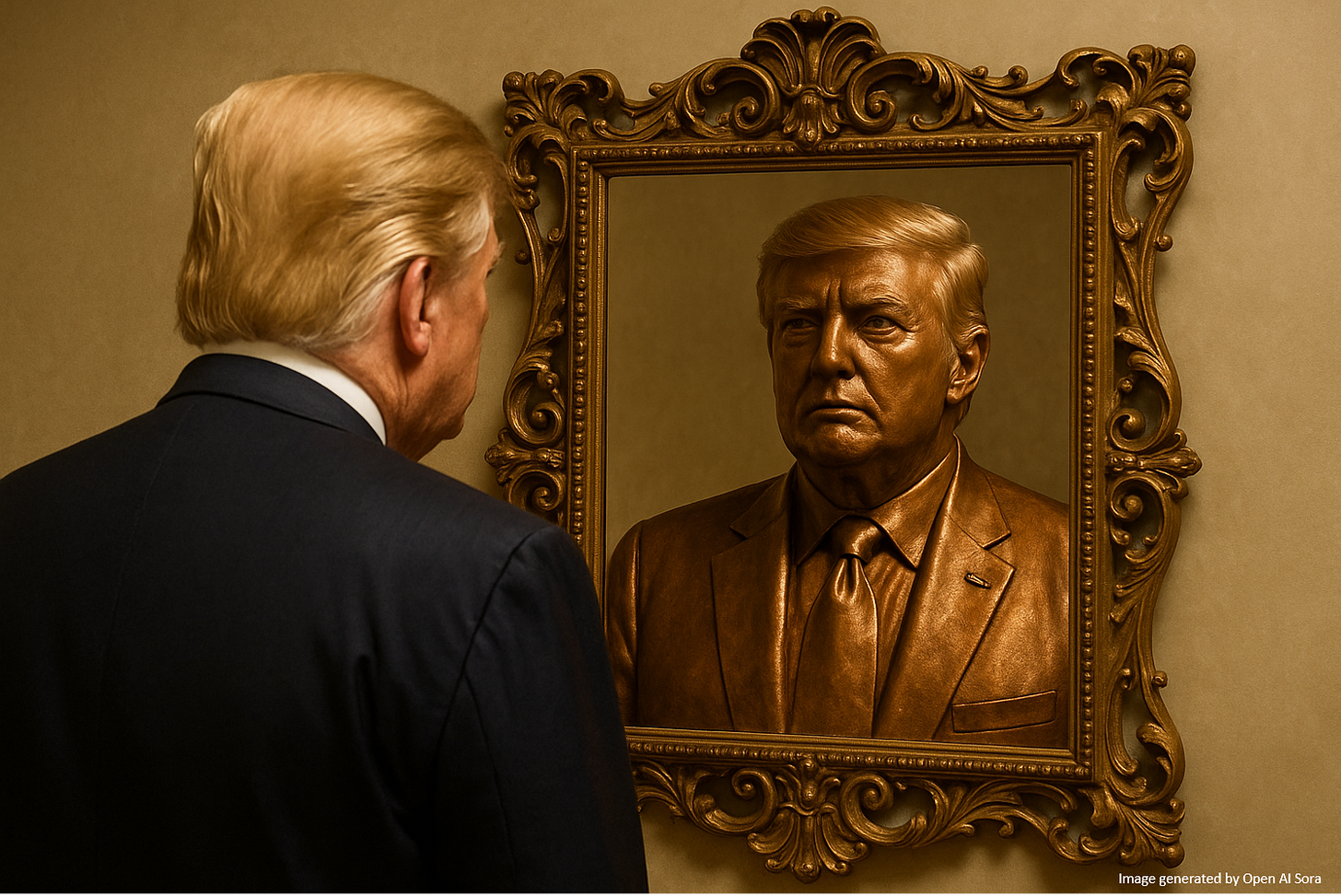 Picture of Donald Trump looking at his reflection in a mirror with an ornate gold frame. His reflection is cast in bronze.