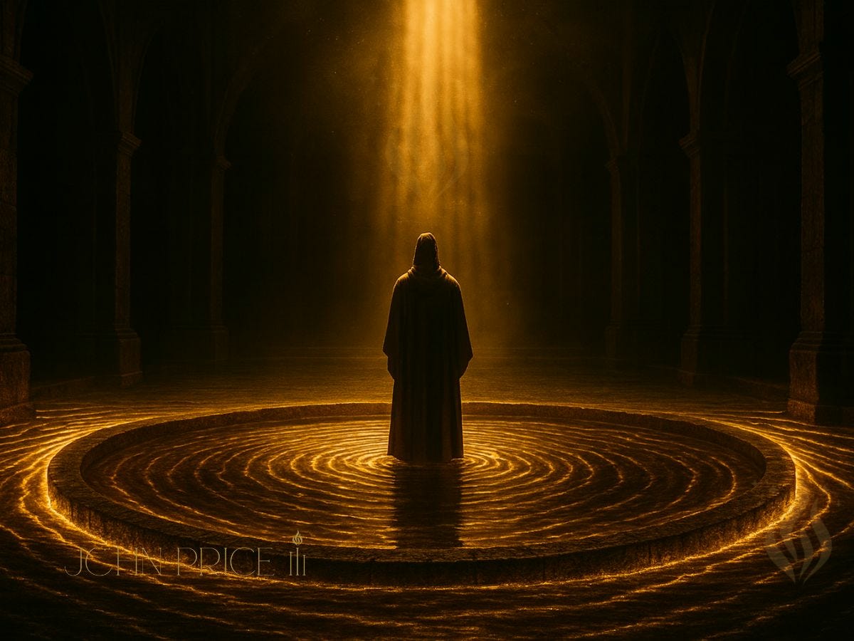 A robed figure stands in a vast, shadowed temple, centered within a glowing circular pool of water. Concentric rings of golden light ripple outward from their presence as a pillar of light descends from above. The image evokes the feeling that silence creates waves — that inner stillness reshapes the room around it.