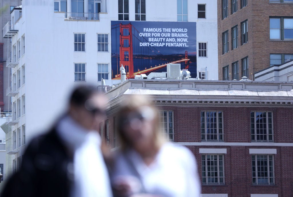 A billboard draws attention to San Francisco's problem with drugs. A billboard draws attention to San Francisco's problem with drugs.