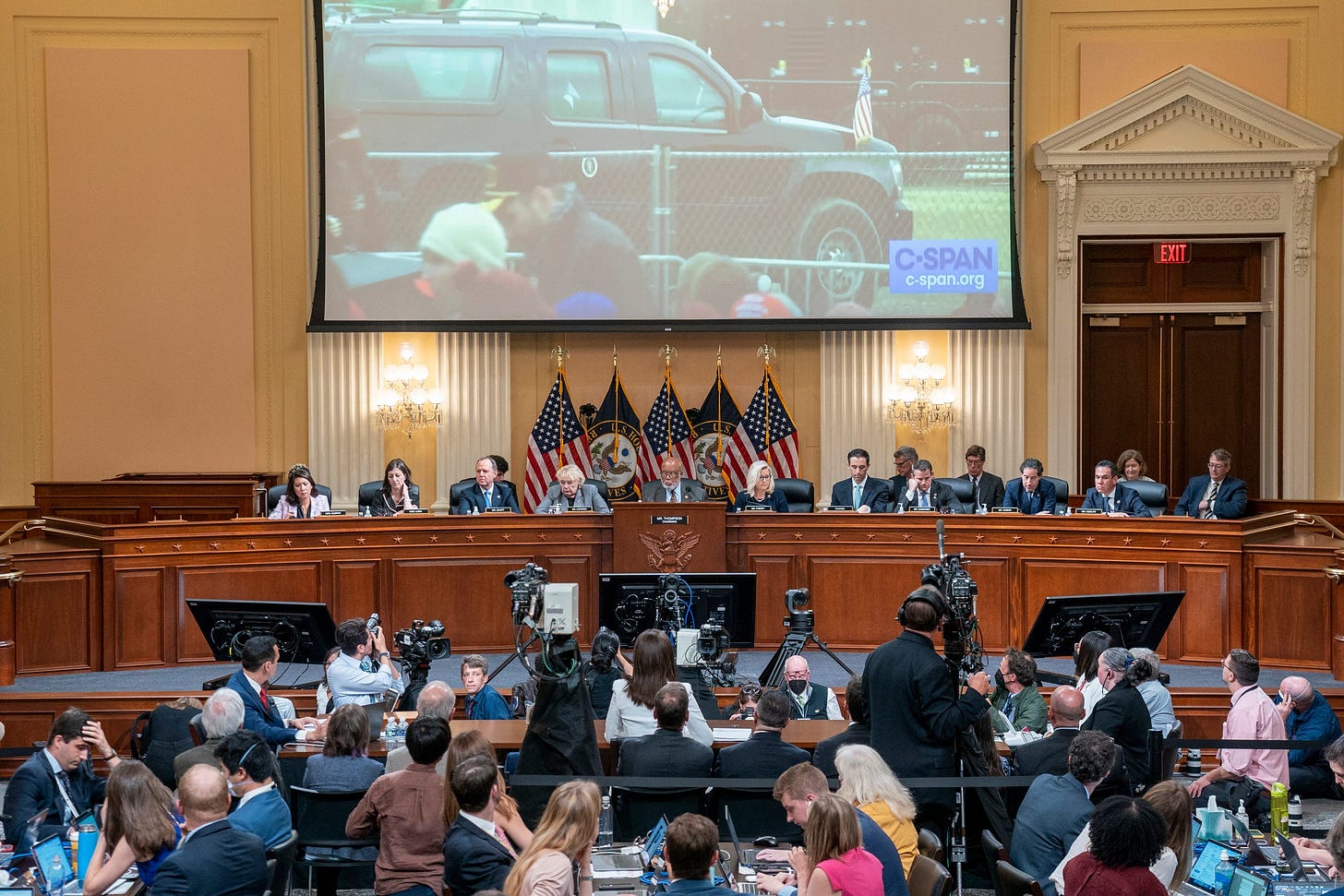 A video of President Trump's motorcade leaving the January 6th rally on the Ellipse is displayed as Cassidy Hutchinson, former aide to Trump White House chief of staff Mark Meadows, testifies as the House select committee investigating the Jan. 6 attack on the U.S. Capitol holds a hearing at the Capitol in Washington, Tuesday, June 28, 2022.   (Sean Thew/Pool via AP) ORG XMIT: WX508