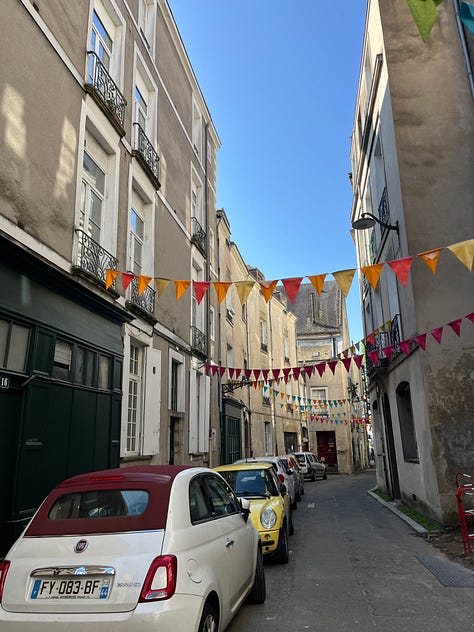 Nantes streets, churches, shops, and whimsical lego wall fillings