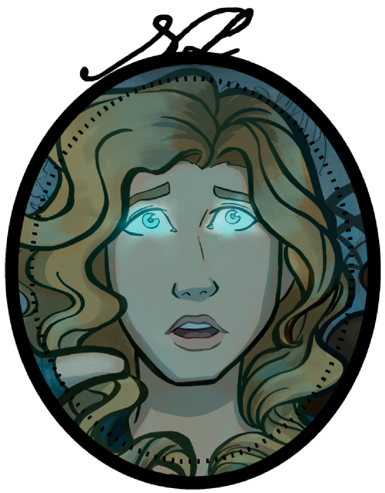 Ilustração. Louise Doyle, mulher branca de olhos claros iluminados por uma misteriosa luz azul brilhante, sobrancelhas e nariz finos . Sua expressão é de surpresa e espanto. Seu cabelo loiro levemente ondulado está solto ao redor dela. 