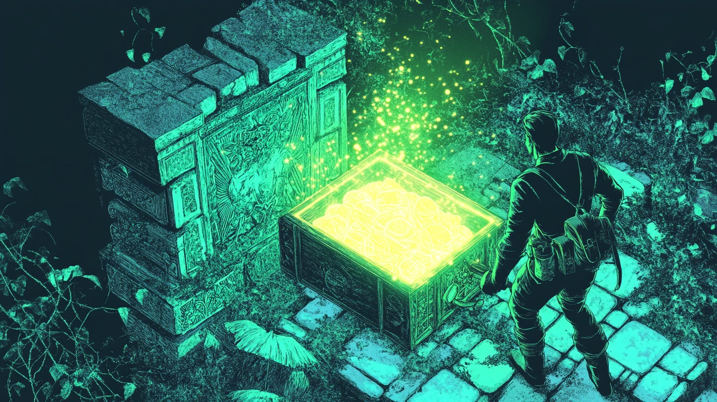 A rugged adventurer uncovers a glowing treasure trove in an ancient, overgrown temple, golden light spilling from the chest, intricate carvings on the stone walls, vines creeping through cracks --ar 16:9 --sref 4123427177 --v 6.1 A rugged adventurer uncovers a glowing treasure trove in an ancient, overgrown temple, golden light spilling from the chest, intricate carvings on the stone walls, vines creeping through cracks --ar 16:9 --sref 4123427177 --v 6.1