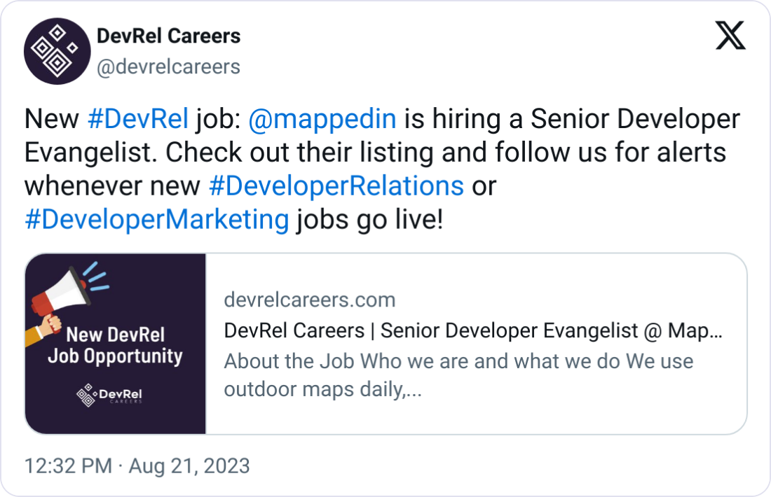 DevRel Careers @devrelcareers New #DevRel job: @mappedin is hiring a Senior Developer Evangelist. Check out their listing and follow us for alerts whenever new #DeveloperRelations or #DeveloperMarketing jobs go live! DevRel Careers @devrelcareers New #DevRel job: @mappedin is hiring a Senior Developer Evangelist. Check out their listing and follow us for alerts whenever new #DeveloperRelations or #DeveloperMarketing jobs go live!