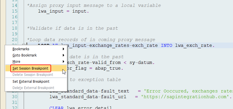 Right click on the left side of the ABAP editor to set a session break point in SAP ABAP proxy