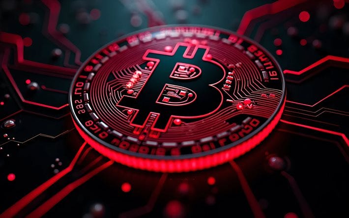 Bitcoin red neon logo, 4k, blockchain, bokeh, cryptocurrencies, black hi-tech background, microcircuits, conductors, creative, Bitcoin logo on microcircuit, brands, Bitcoin metal logo, artwork, Bitcoin logo, Bitcoin