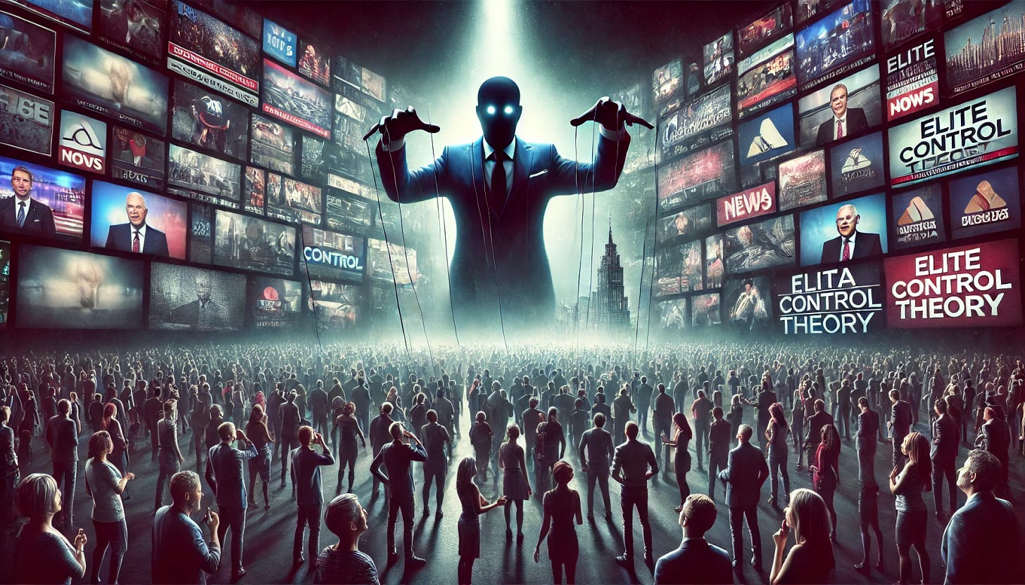 A dramatic digital painting depicting the concept of elite control theory. The image shows a large, shadowy figure in a suit and tie, controlling puppet strings attached to a crowd of people below. The crowd is diverse, with individuals looking up in confusion or obedience. In the background, a massive screen displays news, advertisements, and political imagery, symbolizing media control. The color scheme is dark and moody, with hints of red and blue light illuminating the scene, creating a dystopian and thought-provoking atmosphere.