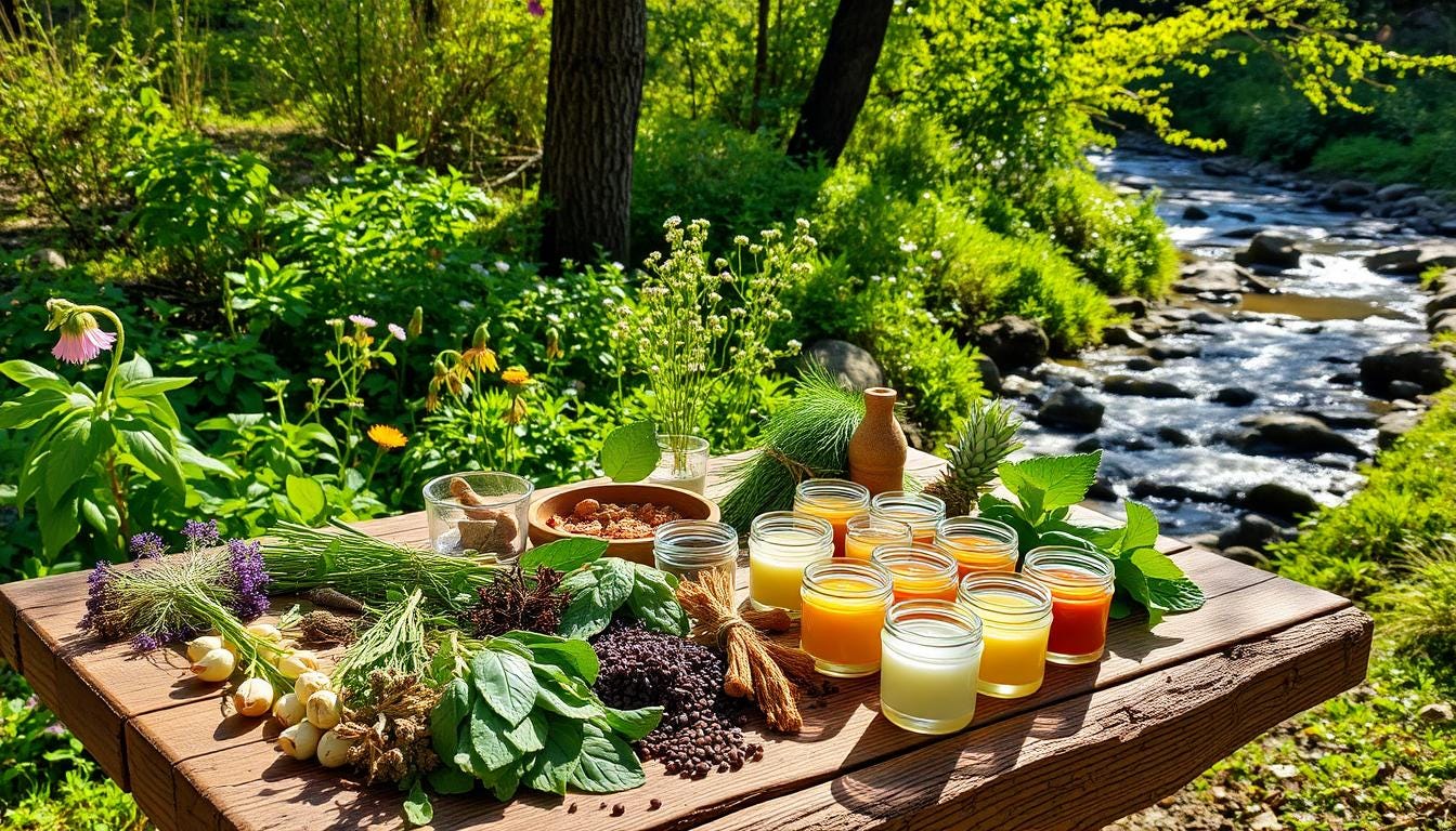 Handmade salves in glass jars with herbs on wooden table set outdoors with a stream in background.