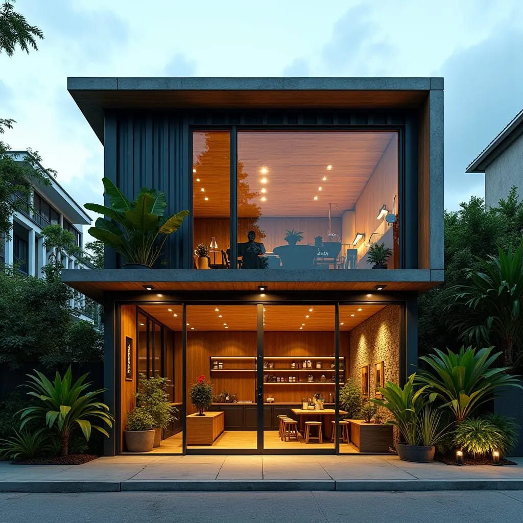 Generated architectural impression of a modern tropical two storey glass house with warm interior lighting and minimalist black exterior by Jamaica Homes.