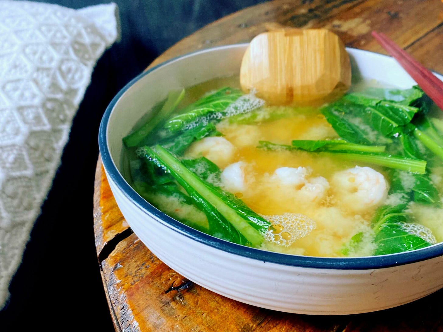 bowl of prawn and vegetable soup
