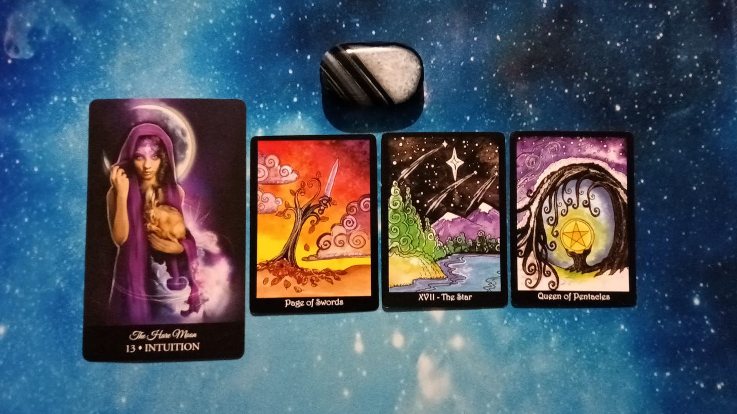 Full Moon Pick-a-Card Tarot Reading for May 2025! Witching Hour Oracle card, 3 Tarot of Trees cards, and crystal. Pile 3 - Black Agate