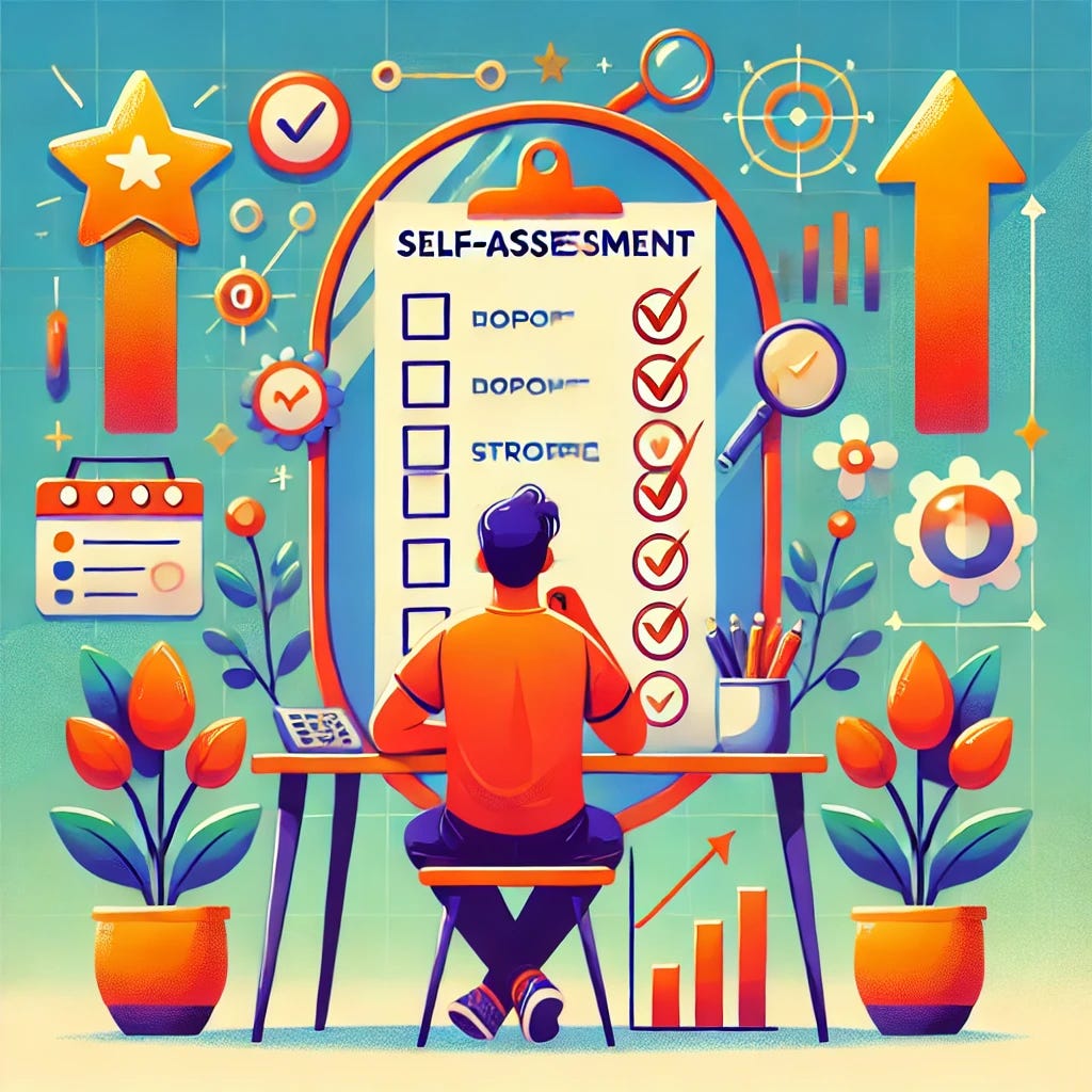 A vibrant, detailed illustration depicting the concept of performing a self-assessment. A person sits at a desk with a checklist, mirror, or computer screen showing self-reflective questions or metrics. They are thoughtfully examining the list or data, perhaps with indicators or markers showing areas for improvement and strengths. The setting is bright, organized, and encouraging, with symbols of growth (like plants or upward arrows) around them, emphasizing introspection and self-evaluation. The style is friendly and motivating, as if in an educational or productivity guide.