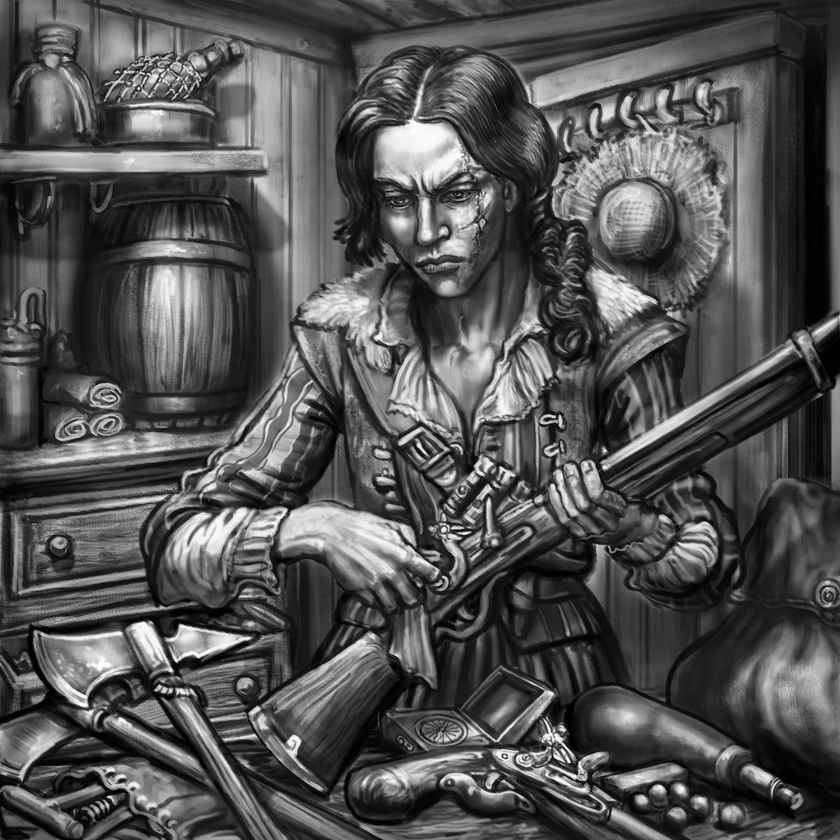 Scarred colonial adventurer prepares a flintlock firearm at a cluttered workbench filled with weapons, powder horns, and supplies. Scarred colonial adventurer prepares a flintlock firearm at a cluttered workbench filled with weapons, powder horns, and supplies.