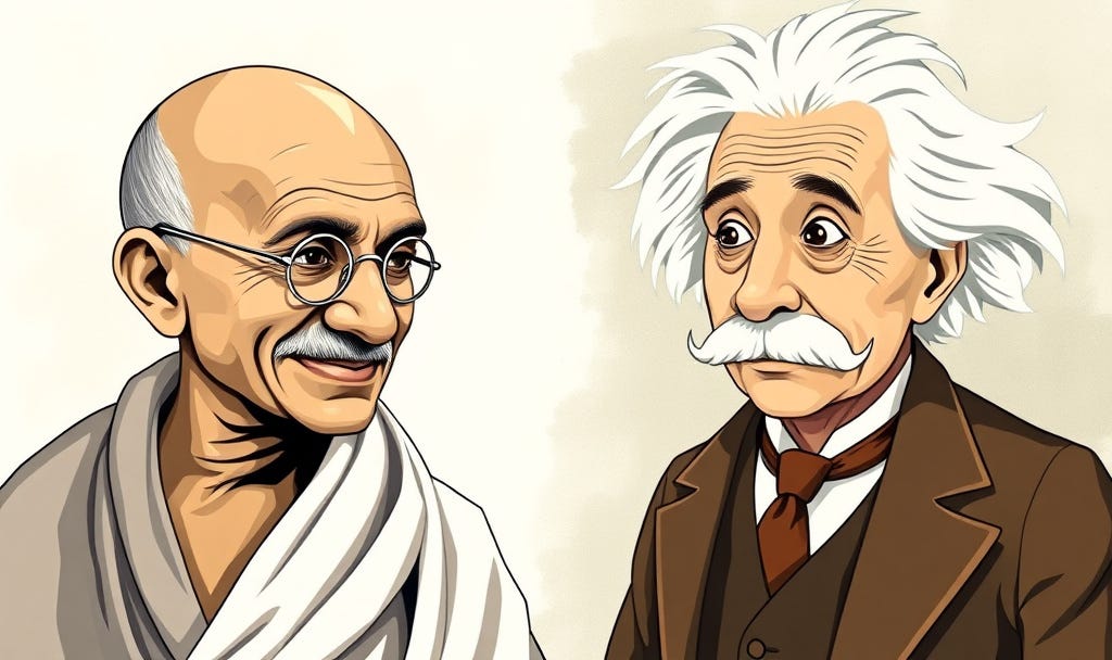 महात्मा गांधी और अल्बर्ट आइंस्टाइन का एआई से बना प्रतीकात्मक चित्र