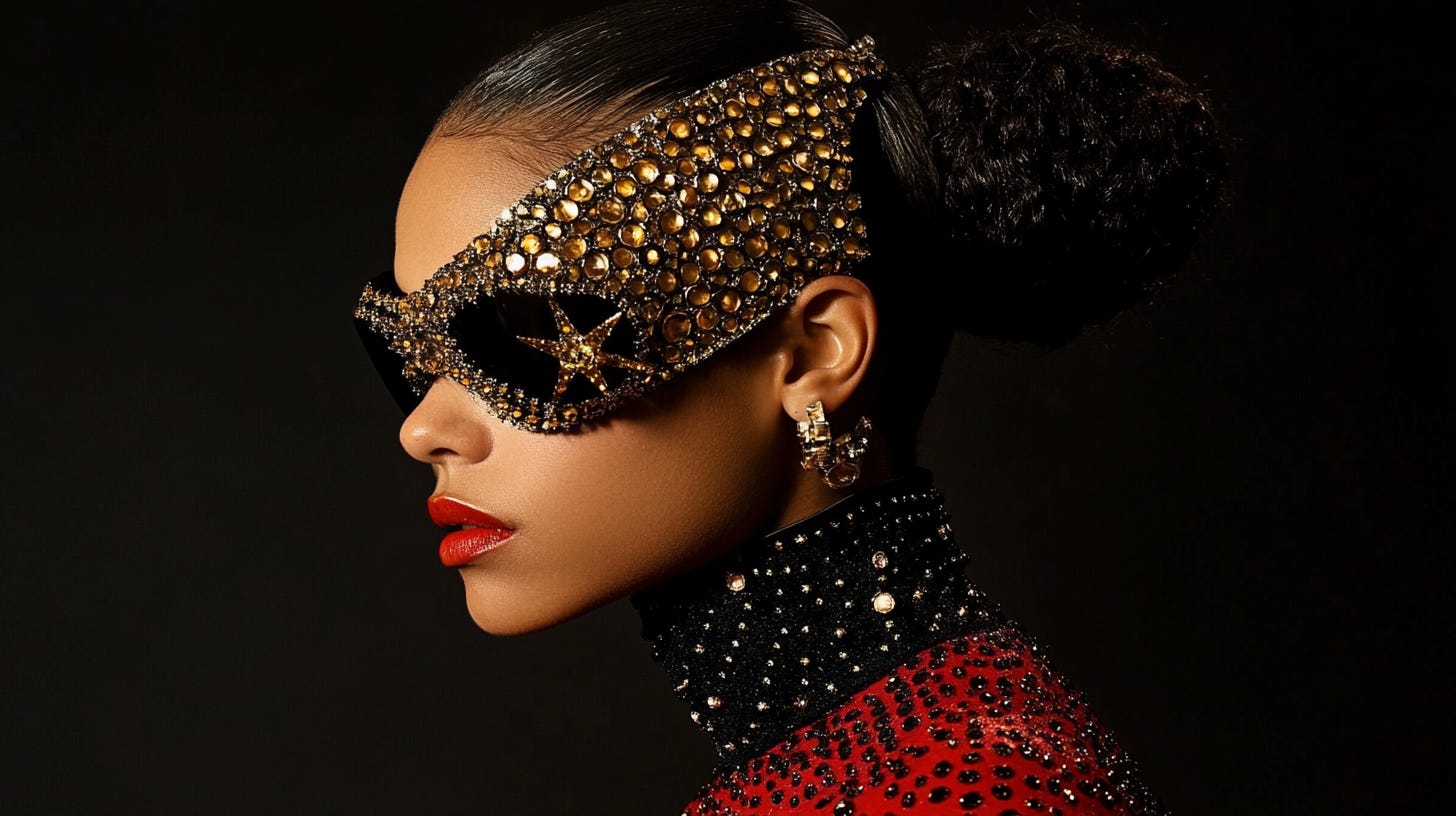 A close-up portrait of a haute couture model with celestial-inspired makeup, shimmering metallic fabrics, and futuristic accessories, celebrating an interplanetary fashion show, profile view --ar 16:9 --sref 2345827038 --v 6.1 A close-up portrait of a haute couture model with celestial-inspired makeup, shimmering metallic fabrics, and futuristic accessories, celebrating an interplanetary fashion show, profile view --ar 16:9 --sref 2345827038 --v 6.1