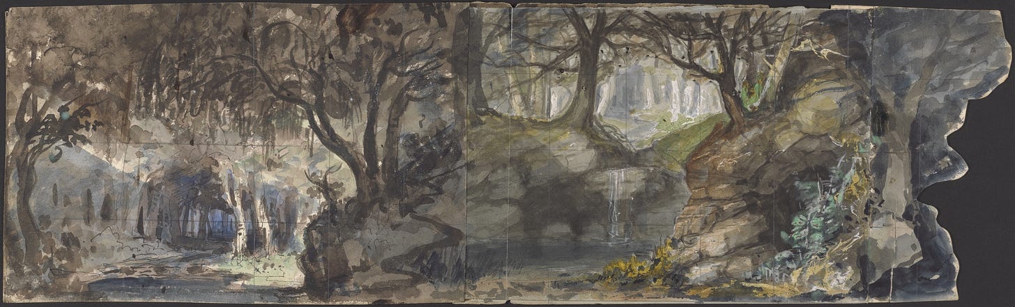 Watercolor of shadowy trees and an abode in the back