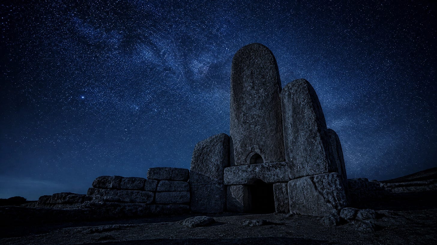Megalithic stone tombs in Sardinia at night under a starry sky Megalithic stone tombs in Sardinia at night under a starry sky