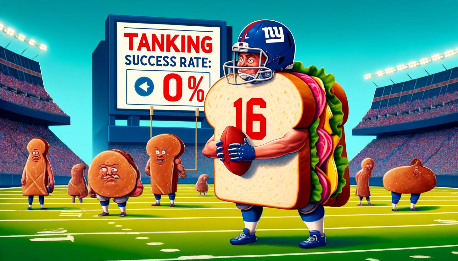 A humorous and satirical banner image for an article about the New York Giants, focusing on their unconventional draft strategies. The scene features a football field with a comically oversized sandwich (representing Tommy DeVito's 'Tommy Cutlets' persona) as a player holding a football. The sandwich is wearing a Giants jersey with the number 16. In the background, a scoreboard humorously reads 'Tanking Success Rate: 0%' with cartoonishly frustrated fans in the stands. The setting is vibrant, with a mix of humor and absurdity, reflecting the satirical tone of the article.