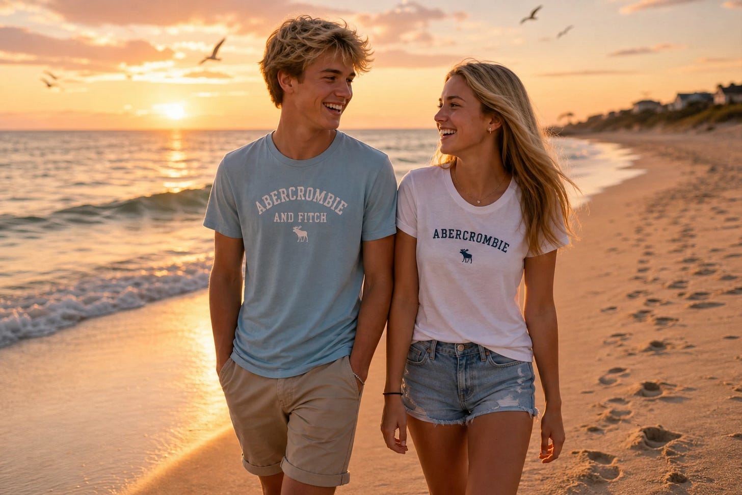 Beautiful blonde teenage boy and girl walking on the beach wearing Abercrombie and Fitch t shirts and shorts