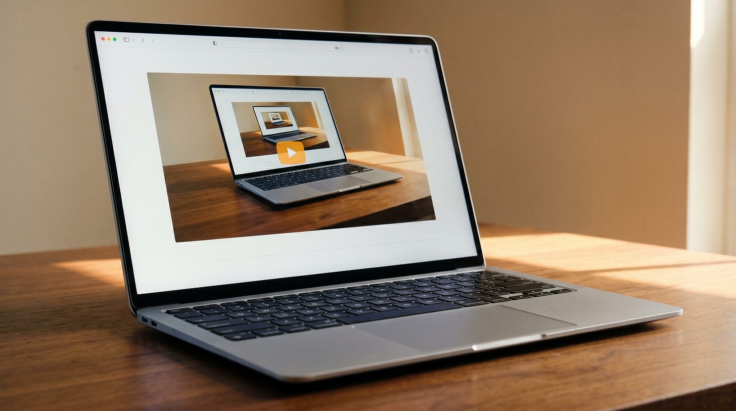 A laptop on a wooden desk displaying a website with a video player at the top. Inside the player, the same desk and the same laptop appear at lower resolution, recursing several layers into warm amber haze.