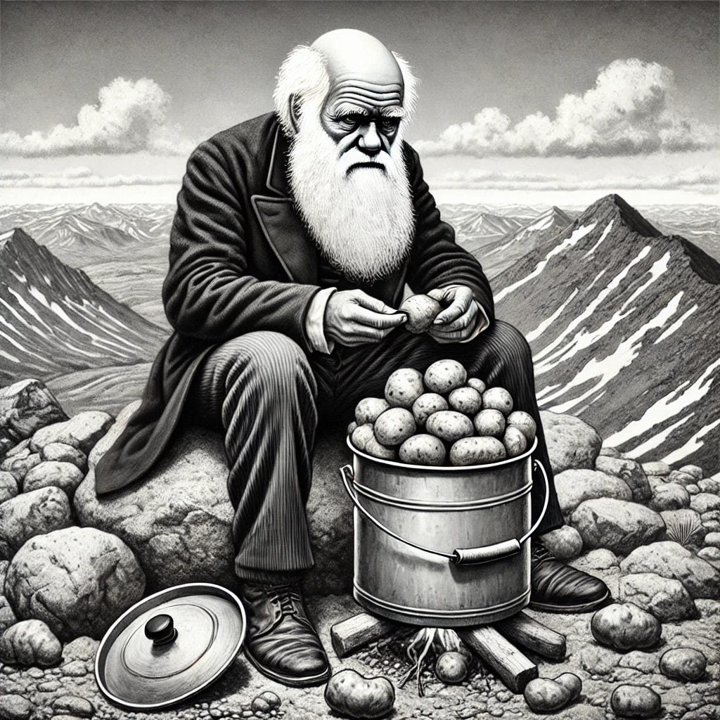 A black and white, humorous and whimsical scene depicting a character resembling Charles Darwin on the top of a mountain, trying to eat raw potatoes directly from a pot. The character has features similar to Charles Darwin, including a long white beard, a serious, contemplative expression, and Victorian-style clothing with a dark suit and high collar. The scene includes a rocky mountain peak, a rustic pot filled with unpeeled potatoes, and a clear sky with distant mountain ranges in the background. The style is slightly exaggerated and cartoonish. A black and white, humorous and whimsical scene depicting a character resembling Charles Darwin on the top of a mountain, trying to eat raw potatoes directly from a pot. The character has features similar to Charles Darwin, including a long white beard, a serious, contemplative expression, and Victorian-style clothing with a dark suit and high collar. The scene includes a rocky mountain peak, a rustic pot filled with unpeeled potatoes, and a clear sky with distant mountain ranges in the background. The style is slightly exaggerated and cartoonish.