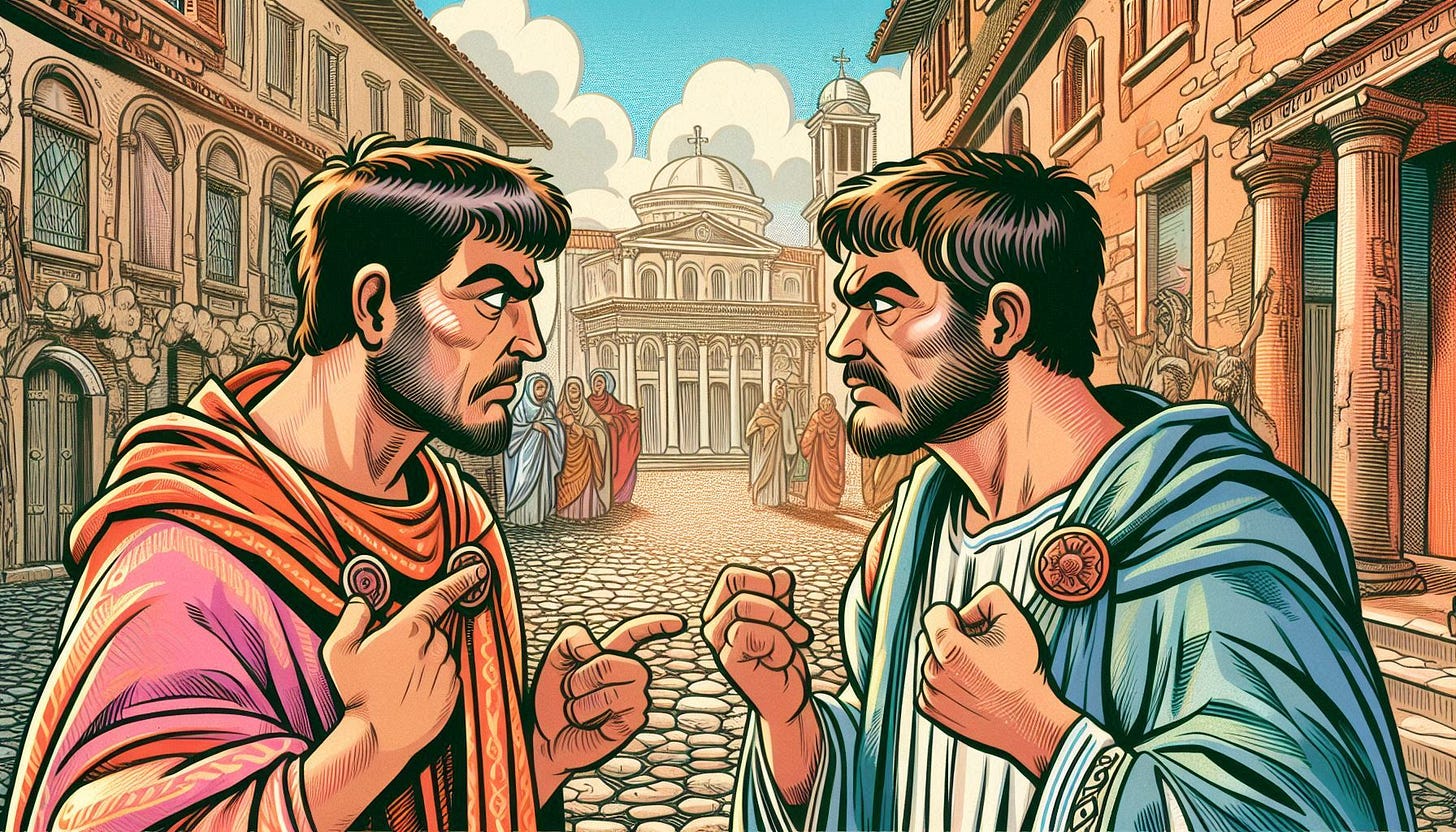 two early christians in the roman empire are having a disagreement, early roman comic book art