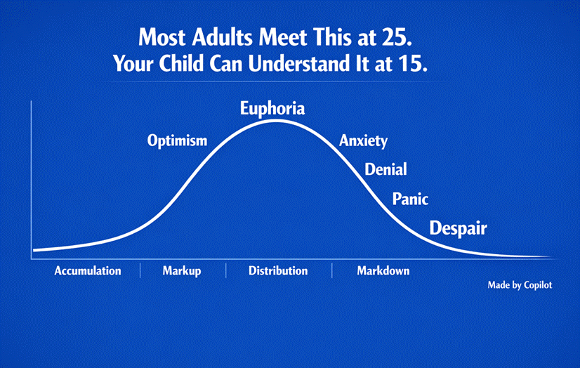 A simplified market psychology chart showing emotional phases during financial cycles, from optimism and euphoria to anxiety, panic, and despair, alongside market phases like accumulation, markup, distribution, and markdown. The title reads: “Most Adults Meet This at 25. Your Child Can Understand It at 15.” A simplified market psychology chart showing emotional phases during financial cycles, from optimism and euphoria to anxiety, panic, and despair, alongside market phases like accumulation, markup, distribution, and markdown. The title reads: “Most Adults Meet This at 25. Your Child Can Understand It at 15.”