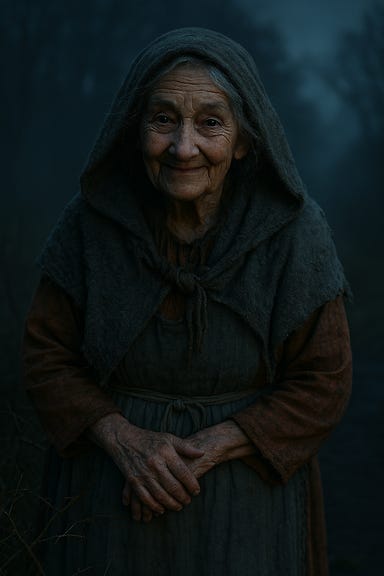 Create an image of Morgantha from Curse of Strahd in her little old lady disguise: round-faced, warm in color, eyes small and smiling beneath a kerchief, crocheted shawl, socked ankles, pushing a cart labeled 'Dream Pastries' through misty Barovian woods