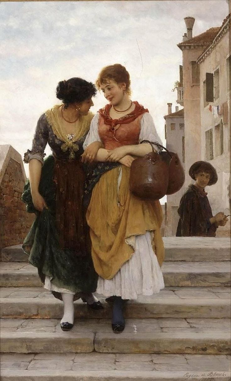 This may contain: two women are standing on some steps talking to each other and one is holding a brown bag This may contain: two women are standing on some steps talking to each other and one is holding a brown bag