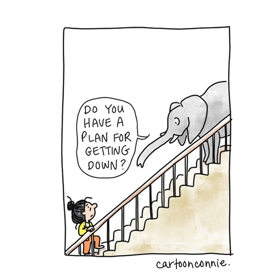 Panel 4 of a 4-panel comic strip illustrating a metaphor of climbing one staircase at a time and managing one's worries, one at a time. Titled "One Worry At A Time," by Connie Sun, cartoonconnie, 2025.