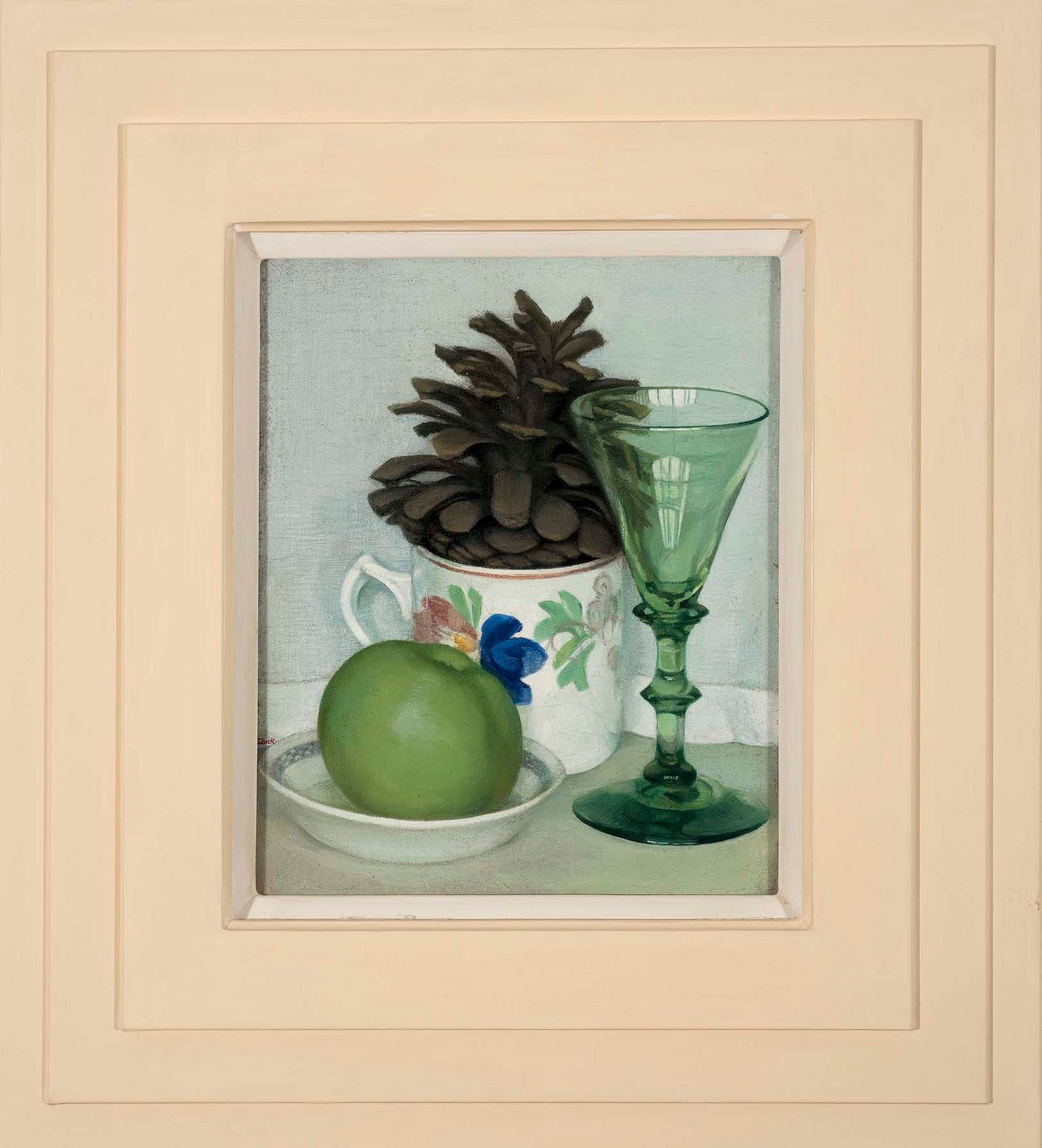 A serene still life painting features a green glass, ceramic cup with floral designs, a pine cone, and a green apple on a light surface, evoking calmness. They are set against a light blue background, and the pine cone is sitting in the ceramic cup. The work is framed in one of Gluck's patented frames, with 3 tiers, in a light pink/cream color. A serene still life painting features a green glass, ceramic cup with floral designs, a pine cone, and a green apple on a light surface, evoking calmness. They are set against a light blue background, and the pine cone is sitting in the ceramic cup. The work is framed in one of Gluck's patented frames, with 3 tiers, in a light pink/cream color.