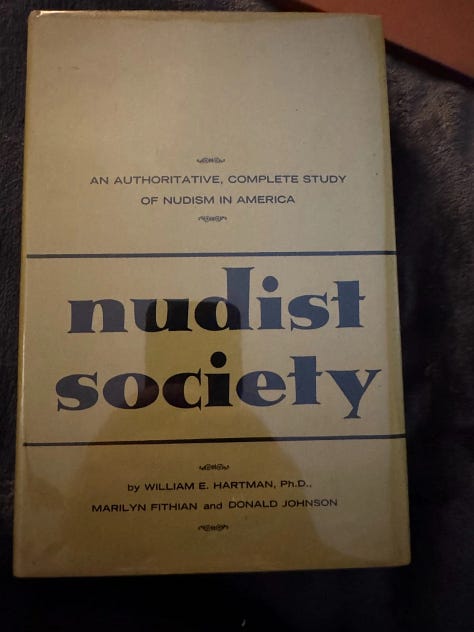 Nine photos of vintage nudist books displayed on a dark surface, including titles such as Social Nudism in America by Fred Ilfeld and Roger Lauer, On Going Naked by Jan Gay, Life in the Sun by Allan Blair, The Naked Truth About Nudism by William Welby, Naked in the Woods by Jim Motavalli, Defense of Nudism by Henry Huntington, Nudist Society by William Hartman, Facts About Nudism (1935), and Naked and Unashamed by William Welby.