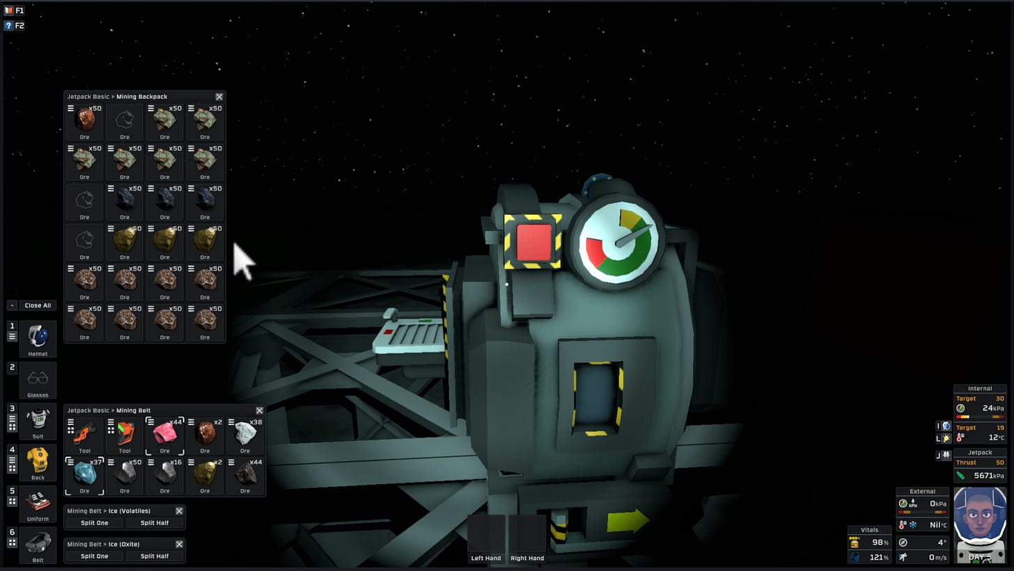 Stationeer operating a furnace surrounded by stacked ore crates.