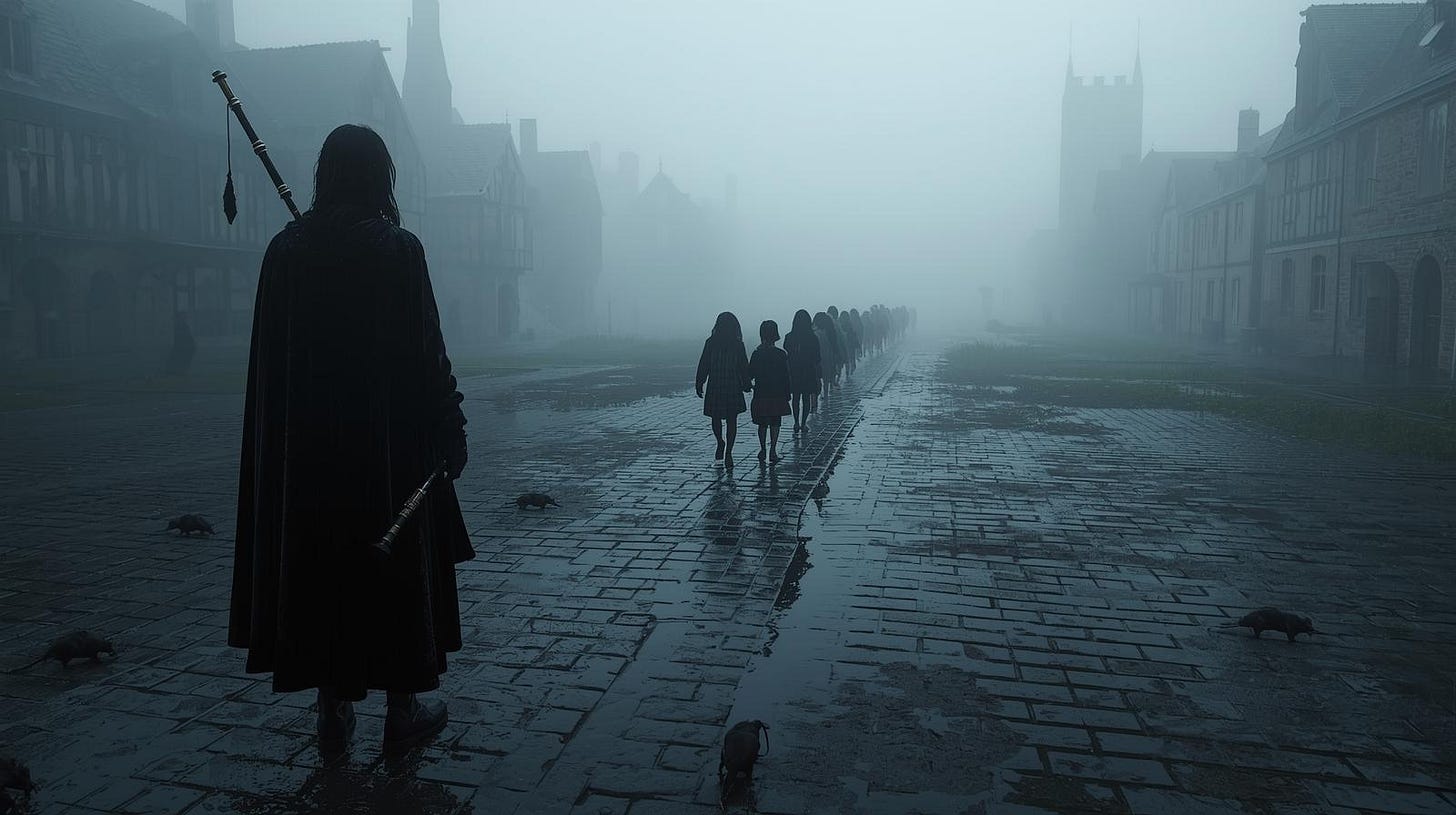 Fog-shrouded medieval town square at dawn. In the foreground, a cloaked piper stands with her back to the viewer, holding a long flute at her side. Wet cobblestones shine with rain, a few rats scurry near her feet, and ahead of him a line of children walks two-by-two into the mist, disappearing into the distance.