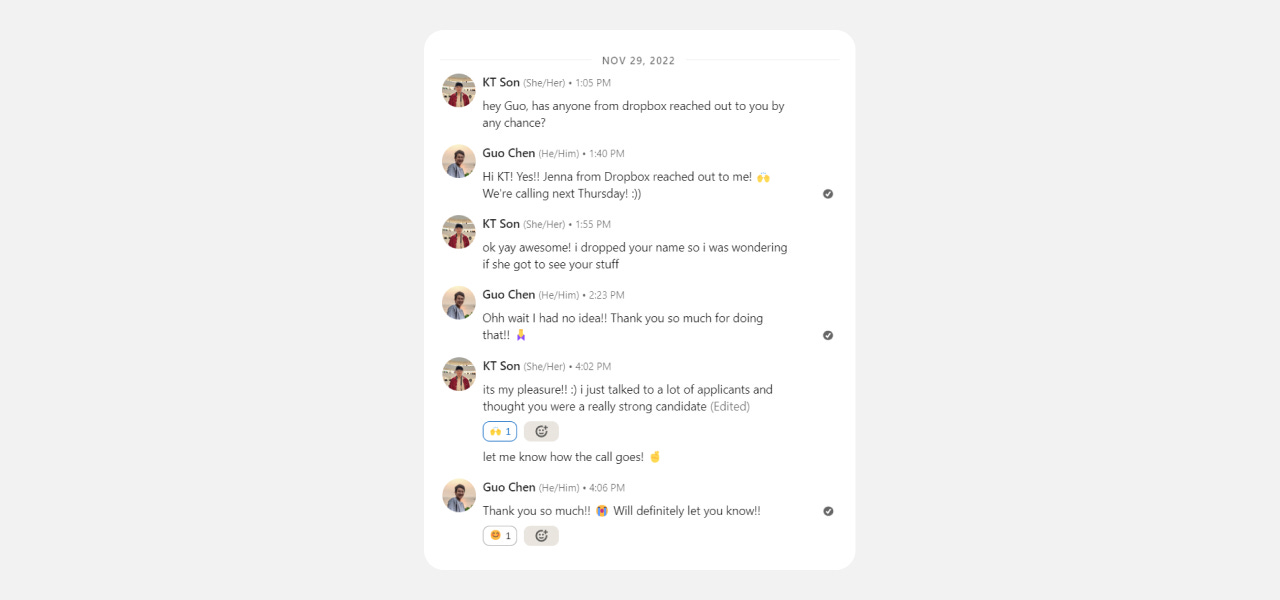 Screenshot of a message with a past design intern telling me that she gave me a referral