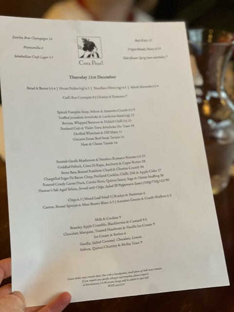 Lunch at Cora Pearl in Covent Garden: menu, chips, crumble and duck