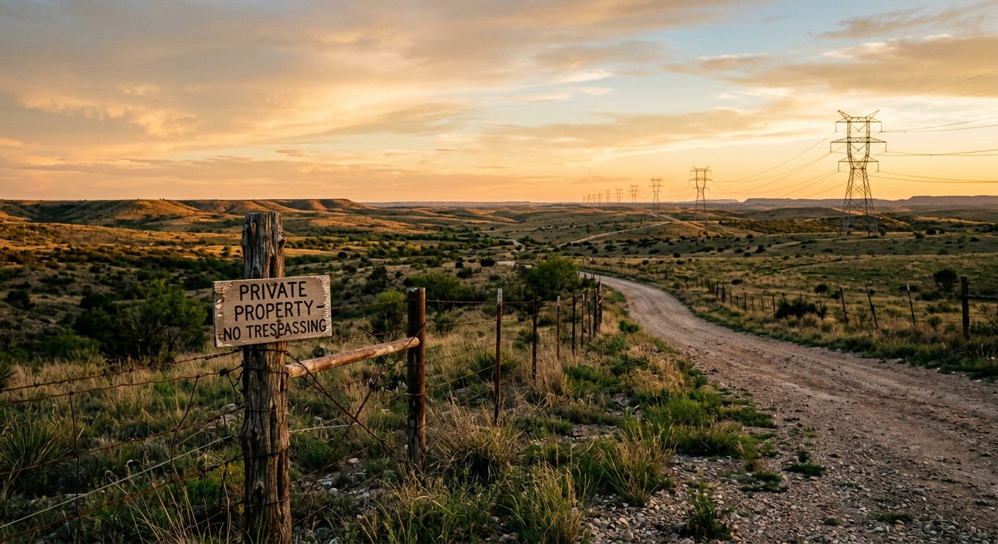 A wide-angle photograph of a West Texas pasture with a wooden fence line and a private property sign in the foreground, with distant high-voltage power line towers against a golden sunset sky. A wide-angle photograph of a West Texas pasture with a wooden fence line and a private property sign in the foreground, with distant high-voltage power line towers against a golden sunset sky.