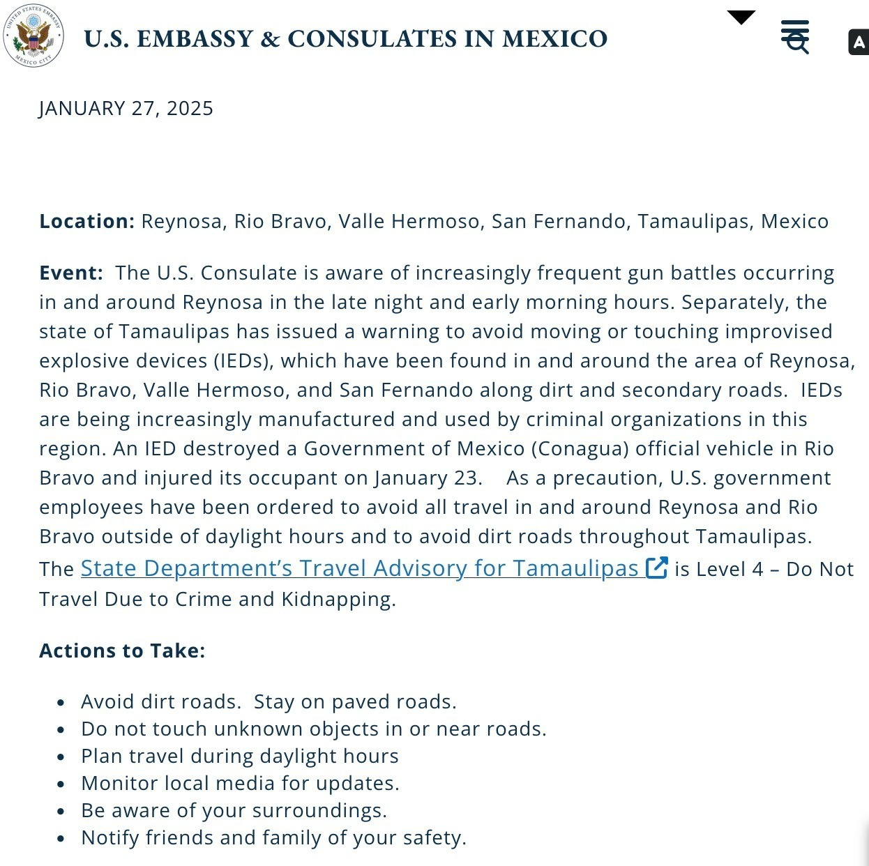 The bombing prompted the US State Department to advise citizens not to cross over into or travel through the Mexican State of Tamaulipas. The bombing prompted the US State Department to advise citizens not to cross over into or travel through the Mexican State of Tamaulipas.