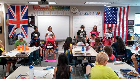 Students working on various projects throughout a classroom. 