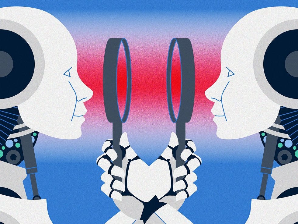 Illustration of two identical humanoid robots inspecting each other with magnifying glasses.