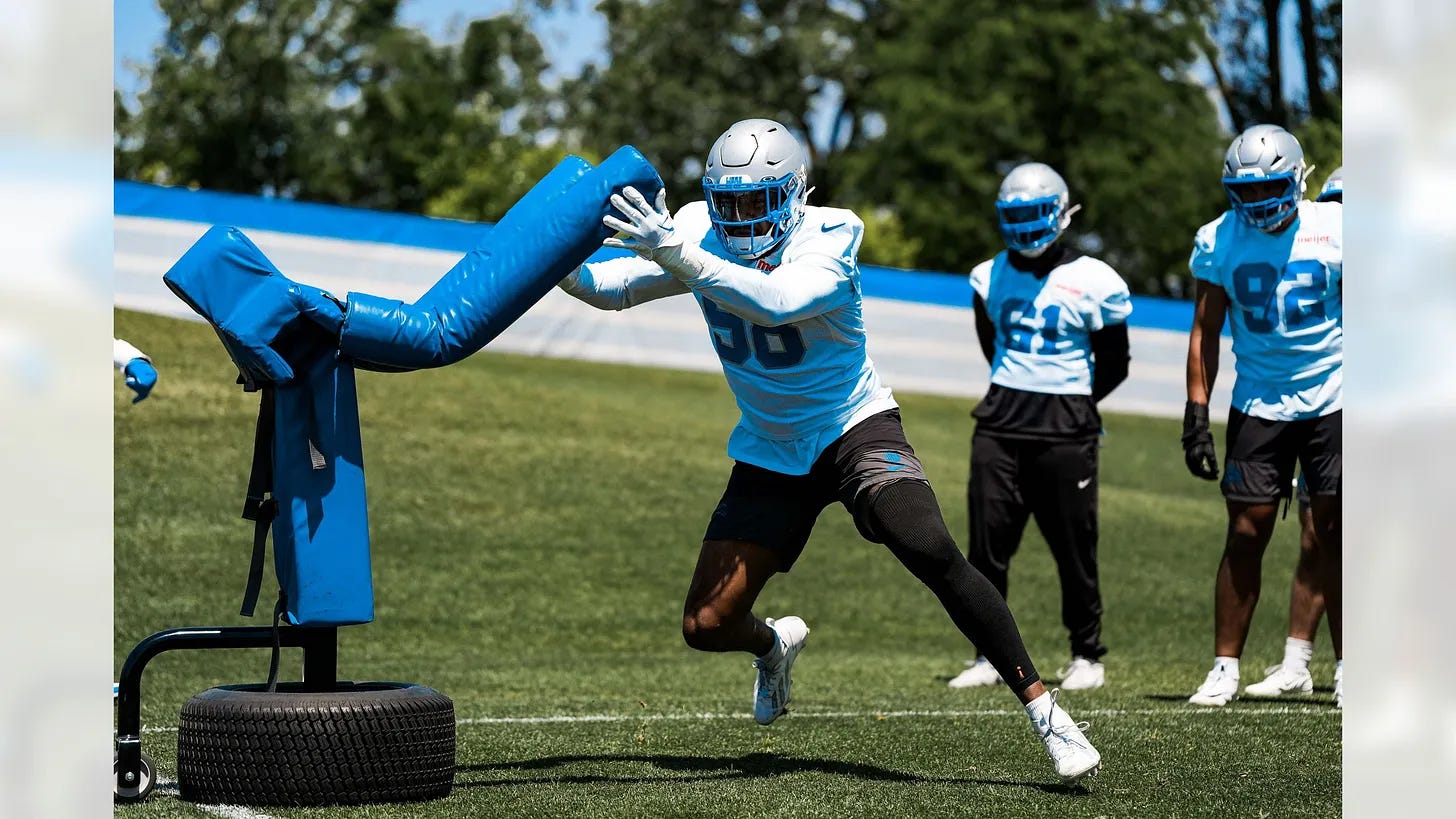 DJ Wonnum wearing left leg sleeve at Detroit Lions 2026 OTA practice DJ Wonnum wearing left leg sleeve at Detroit Lions 2026 OTA practice