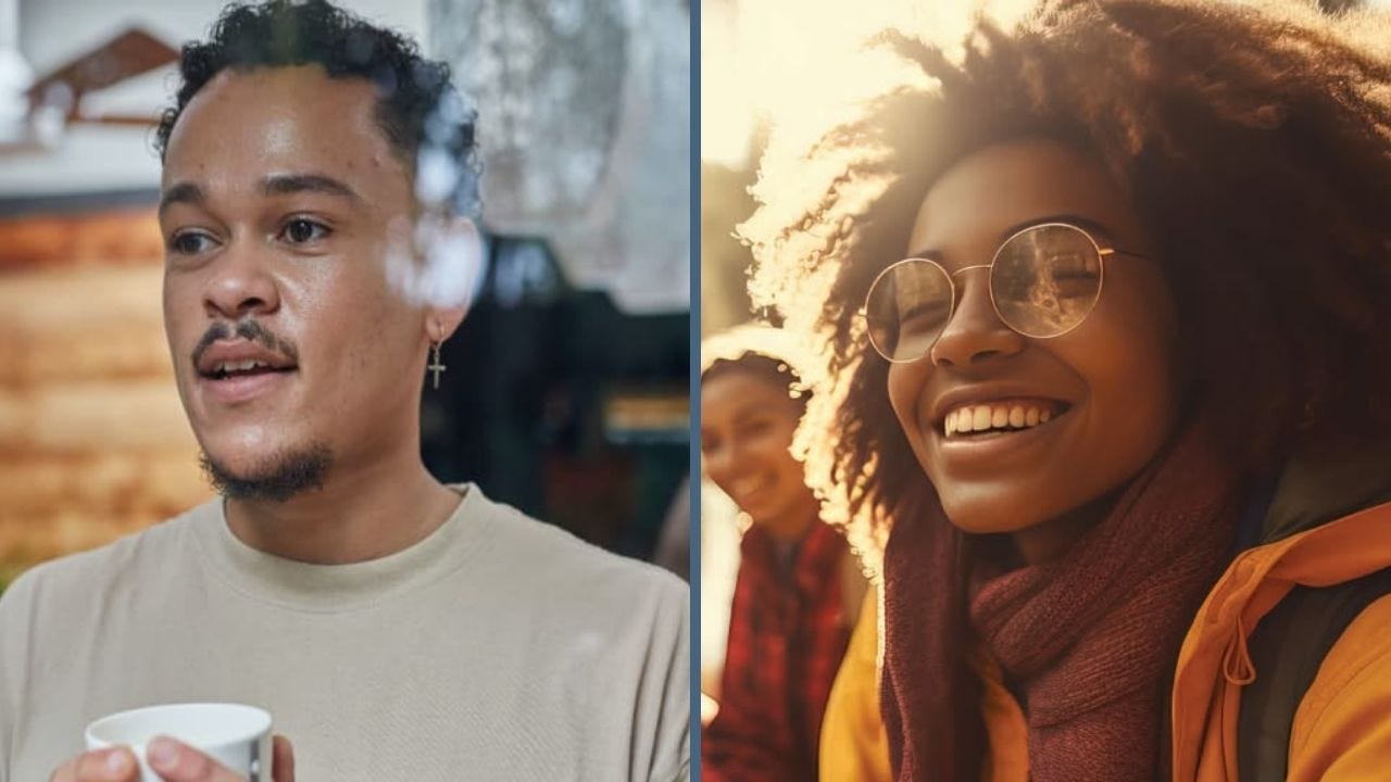 pensive man & smiling woman pensive man & smiling woman