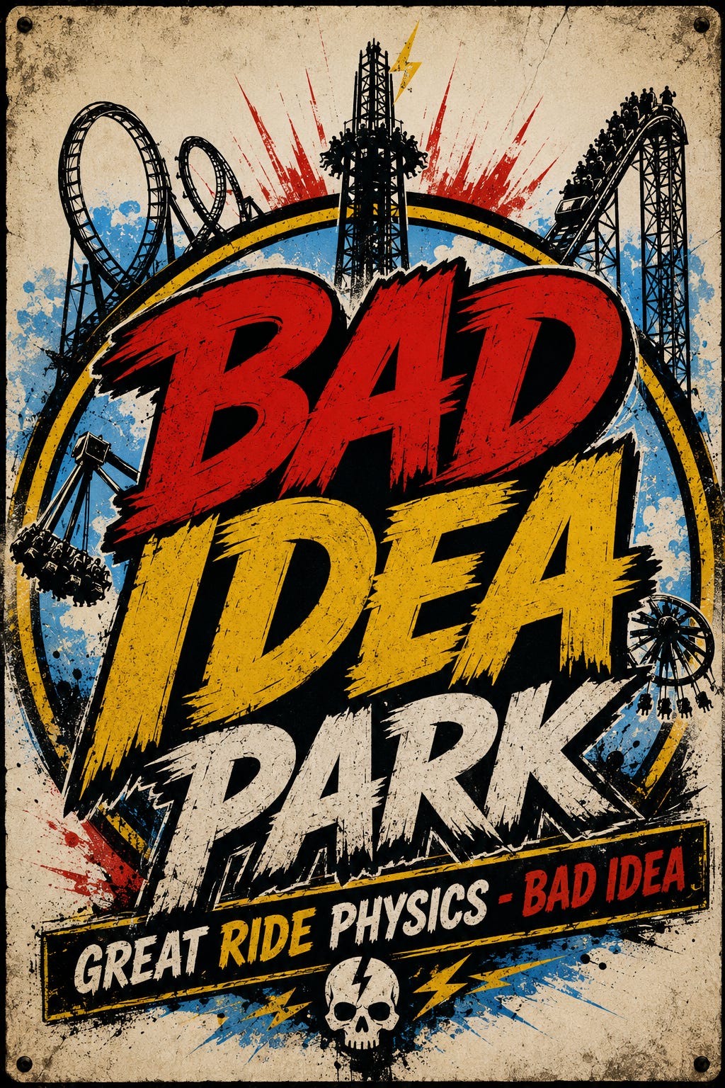A retro amusement park poster for Bad Idea Park featuring bold comic-book lettering and illustrations of extreme thrill rides, including roller coasters with loops, a towering drop ride, spinning attractions, and other potentially questionable engineering decisions. The tagline reads, “Great Ride Physics – Bad Idea,” capturing the concept of a fictional theme park where rides are scientifically sound but probably not something anyone should actually build. The distressed vintage design resembles a weathered carnival sign mixed with a comic-book cover. A retro amusement park poster for Bad Idea Park featuring bold comic-book lettering and illustrations of extreme thrill rides, including roller coasters with loops, a towering drop ride, spinning attractions, and other potentially questionable engineering decisions. The tagline reads, “Great Ride Physics – Bad Idea,” capturing the concept of a fictional theme park where rides are scientifically sound but probably not something anyone should actually build. The distressed vintage design resembles a weathered carnival sign mixed with a comic-book cover.