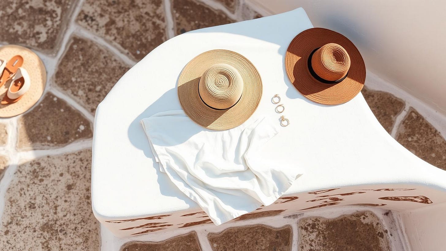 A flat lay of white linen, straw hats and gold jewellery on a whitewashed Greek island terrace