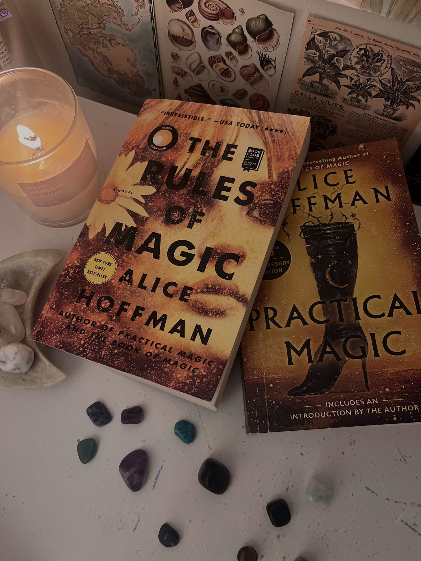 Book covers of Alice Hoffman's Practical Magic and The Rules of Magic surrounded by crystals and a white candle.