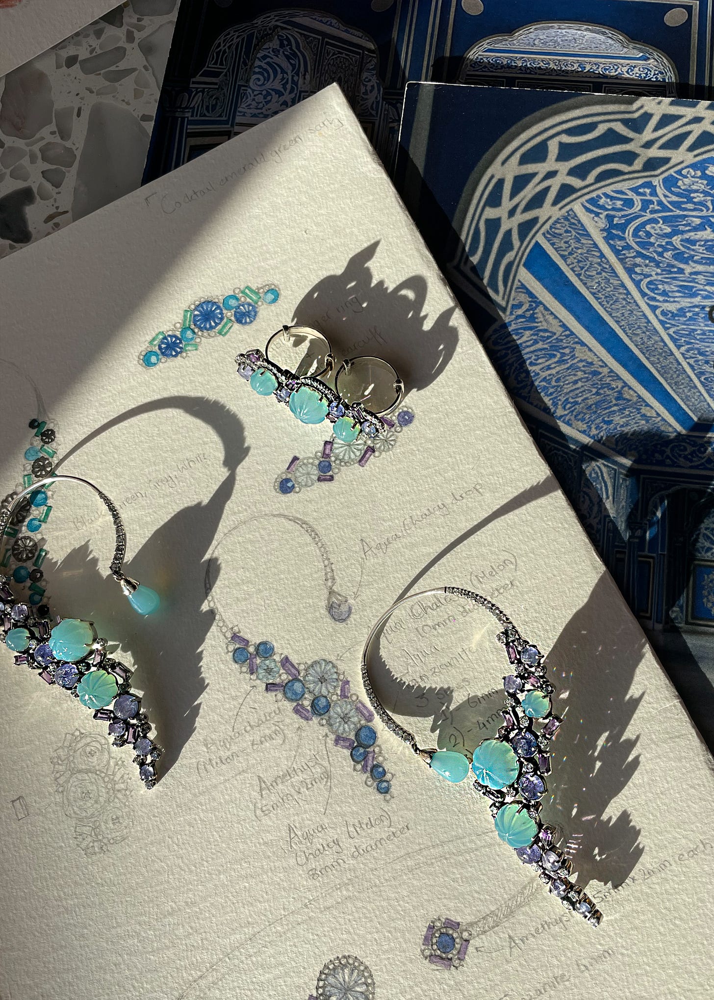 Aqua chalcy and tanzanite earcuffs by Akansha Sethi