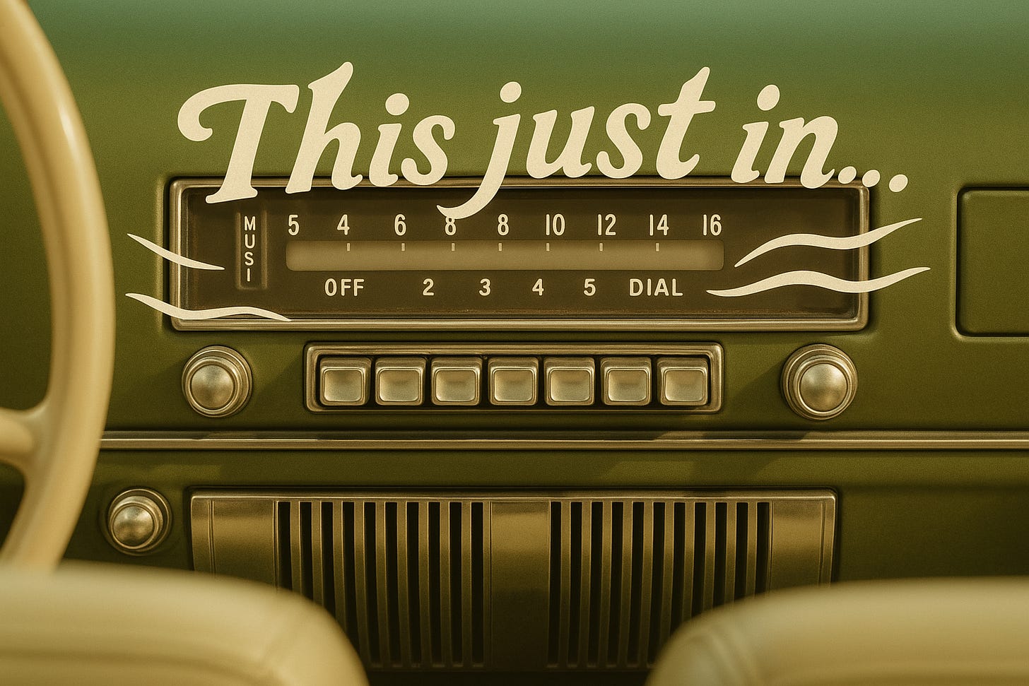 Old-fashion car radio in a dashboard emitting the words "This just in..."
