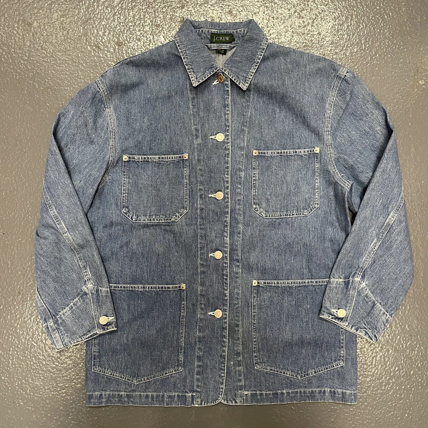 Vintage J.Crew Denim Chore Jacket Work Patch Pockets 90s Blue L - Picture 1 of 8