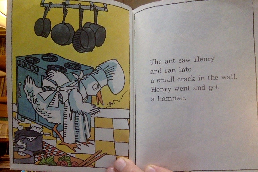 A drawing of Henry peering a the ant, which is crawling into a crack in the wall behind the stove. Pots and pans hang from a rack on the ceiling. 