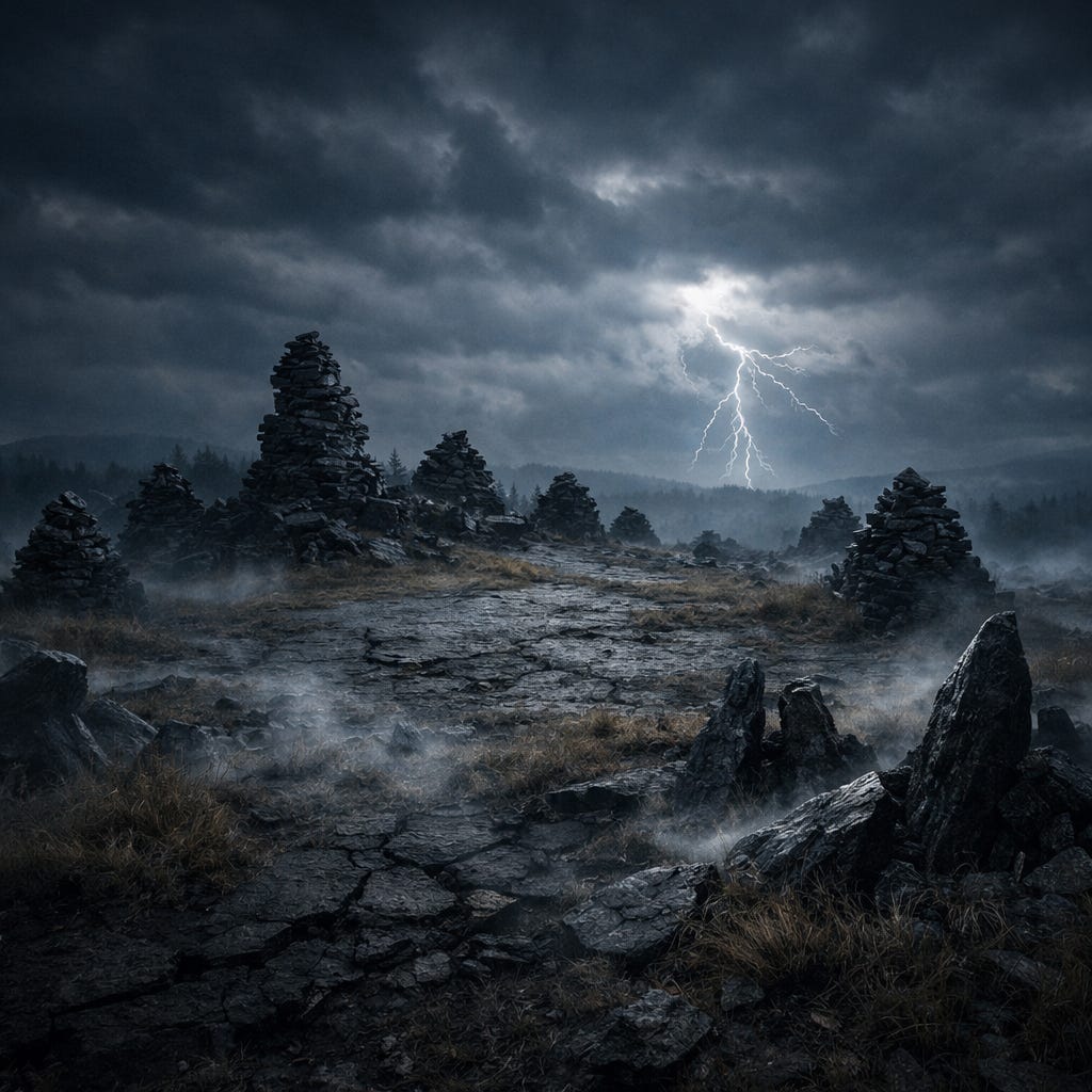 Summit of Yester Hill — a storm‑scarred Barovian hilltop encircled by black cairns, cracked earth, and swirling mist. Jagged stones rise like ancient teeth, dead grass flattened by wind, and distant lightning illuminates the brooding sky. The atmosphere is ominous, sacred, and foreboding.